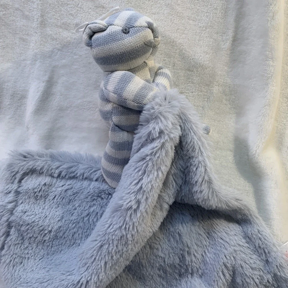 NUBY Blue Grey Knit Stripe‎ Bear Baby Blanket Furry Holding Security Lovey NWOT